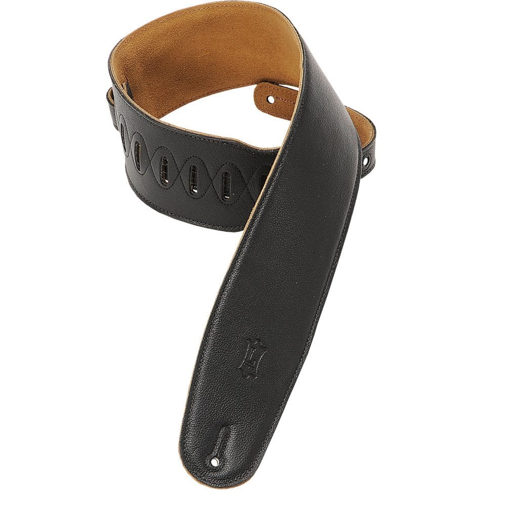 Levy's 3 1/2" wide black garment leather bass guitar strap.